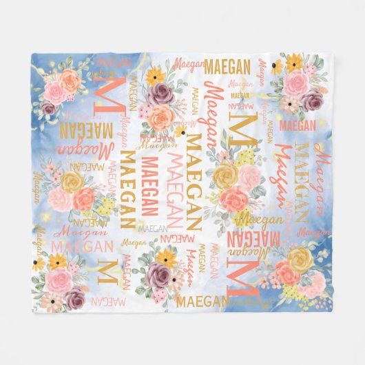 Floral Personalized Collage Name Fleece Deken (Voorkant (Horizontaal))