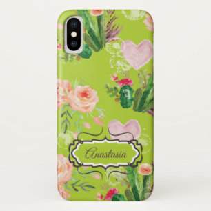 Floral Personalized pastel Green Cactus Case-Mate iPhone Case