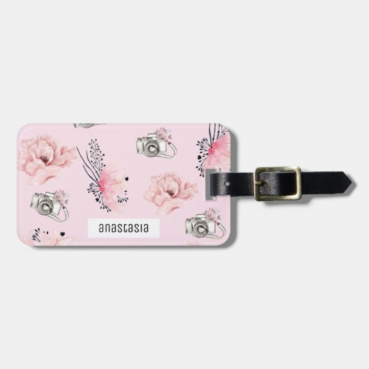 Floral Personalized Pastel Pink Bagagelabel (Voorkant horizontaal)