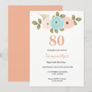 Floral Perzik 80th Birthday Uitnodiging