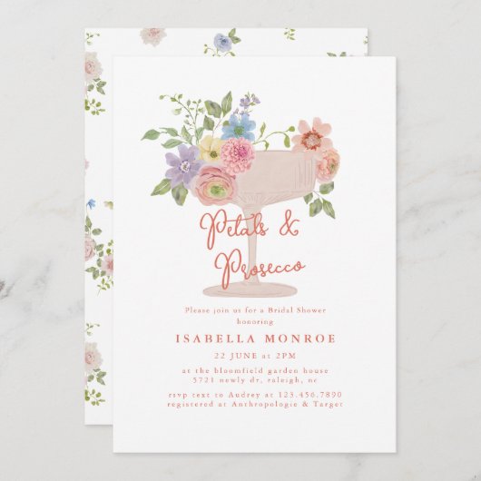 Floral Petals and Prosecco Bridal Shower Kaart (Voorkant / Achterkant)