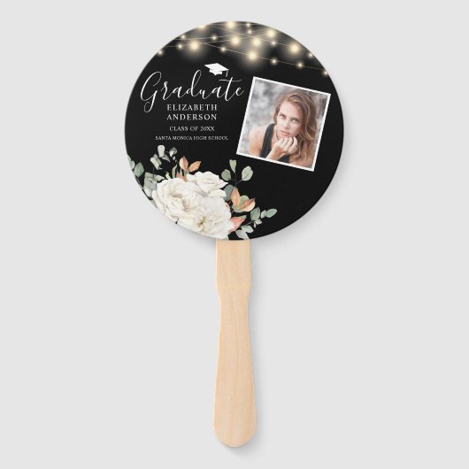 Floral Photo Afstuderen String Lights Black Handwaaier (Achterkant)