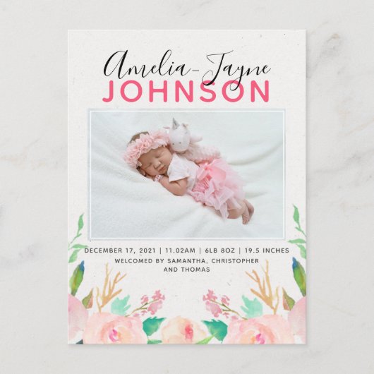Floral Photo Birth Announement Briefkaart (Voorkant)