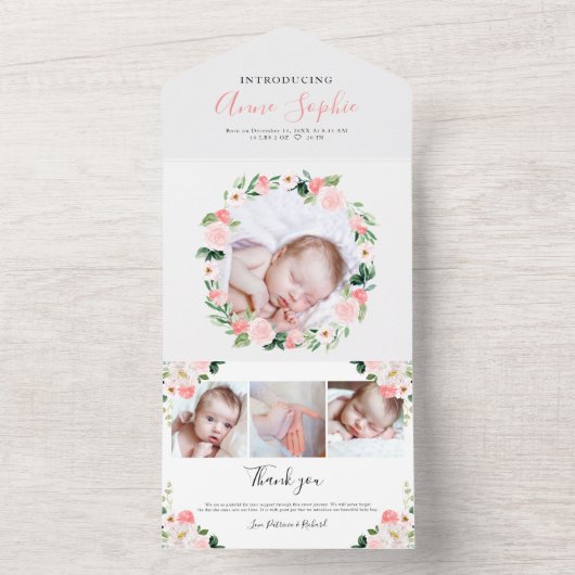 Floral Photo Birth Announge & Bedankt Card All In One Uitnodiging (Binnen)