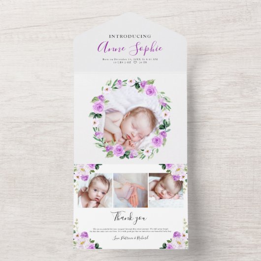 Floral Photo Birth Announge & Bedankt Card All In One Uitnodiging (Binnen)