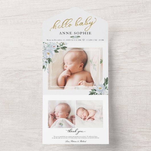 Floral Photo Birth Announge & Bedankt Card All In One Uitnodiging (Binnen)