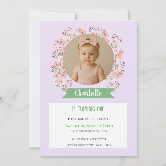 Floral Photo Birthday Invitation for Girl Kaart (Voorkant)