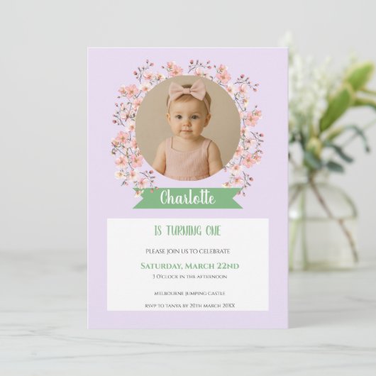Floral Photo Birthday Invitation for Girl Kaart (Staand voorkant)