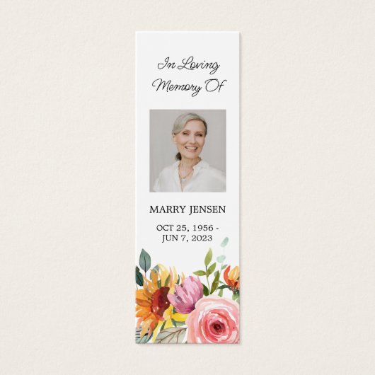 Floral Photo Funeral Memorial Bladwijzer Mini Visitekaartjes (Voorkant)