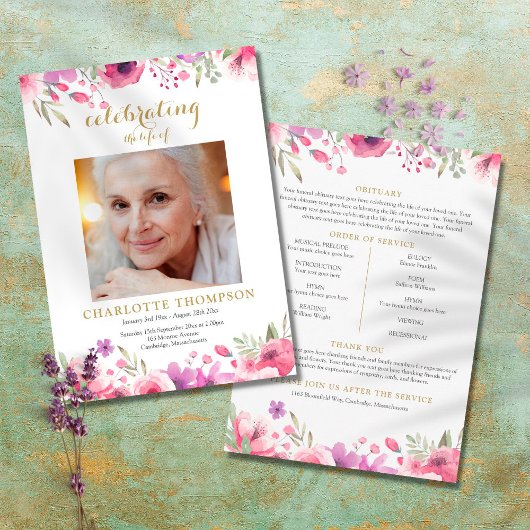 Floral Photo Funeral Memorial Order of Service Programmakaart
