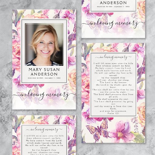 Floral Photo Funeral Memorial Prayer Kaart