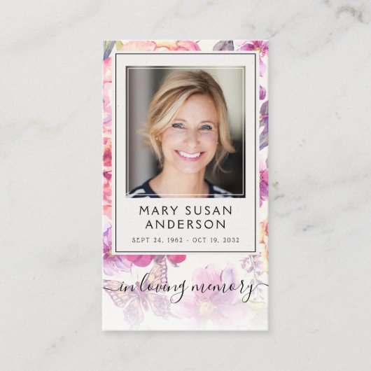 Floral Photo Funeral Memorial Prayer Kaart Contactkaartje (Voorkant)