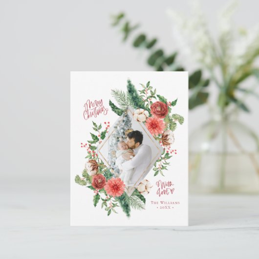 Floral Photo Holiday Merry Kerstmis Waterverf Briefkaart (Staand voorkant)