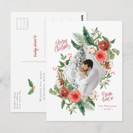 Floral Photo Holiday Merry Kerstmis Waterverf Briefkaart (Voorkant / Achterkant)