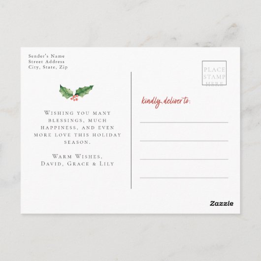 Floral Photo Holiday Merry Kerstmis Waterverf Briefkaart (Achterkant)