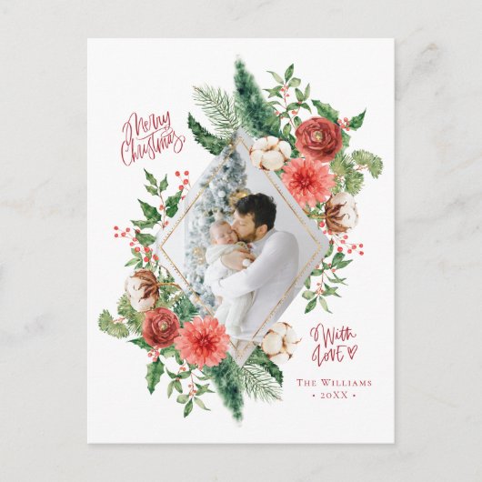 Floral Photo Holiday Merry Kerstmis Waterverf Briefkaart (Voorkant)