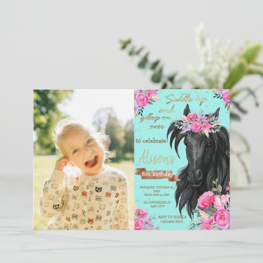 Floral Photo Horse Birthday Theme Kaart (Staand voorkant)