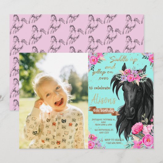 Floral Photo Horse Birthday Theme Kaart (Voorkant / Achterkant)