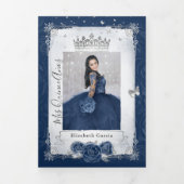 Floral Photo Silver en Navy Blue Quinceanera Drieluik Uitnodiging (Cover)