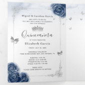 Floral Photo Silver en Navy Blue Quinceanera Drieluik Uitnodiging (Binnenzijde eerst)
