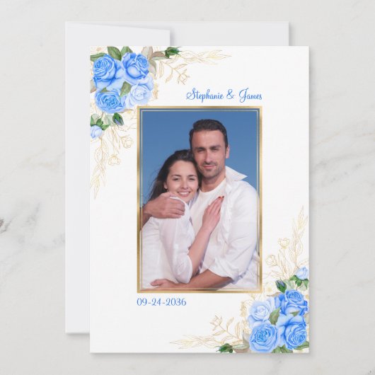 Floral Photo Wedding Blue Gold Waterverf Kaart (Voorkant)