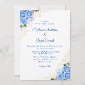 Floral Photo Wedding Blue Gold Waterverf Kaart (Achterkant)
