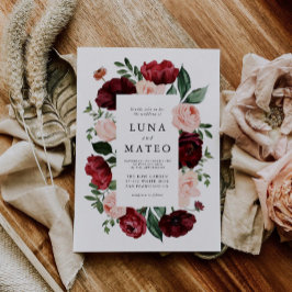 Floral Photo Wedding Burgundy and Blush Waterverf Kaart