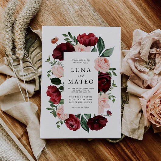 Floral Photo Wedding Burgundy and Blush Waterverf Kaart