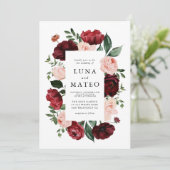 Floral Photo Wedding Burgundy and Blush Waterverf Kaart (Staand voorkant)