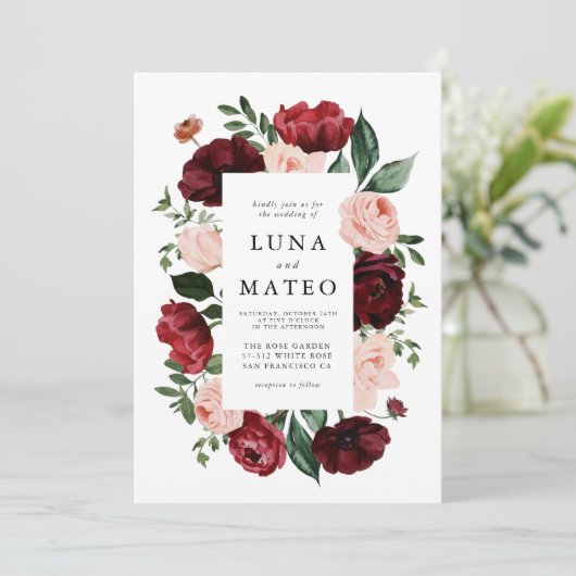 Floral Photo Wedding Burgundy and Blush Waterverf Kaart (Staand voorkant)