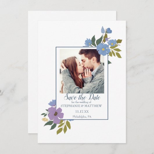 Floral Photo Wedding Save the Date Kaart (Voorkant / Achterkant)