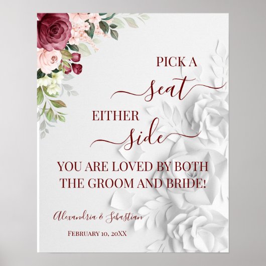 Floral Pick A Seat Beide Side Wedding Sign Poster (Voorkant)