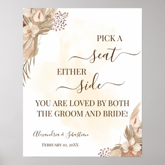 Floral Pick A Seat Beide Side Wedding Sign Poster (Voorkant)