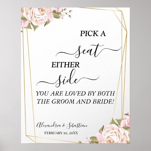 Floral Pick A Seat Beide Side Wedding Sign Poster (Voorkant)