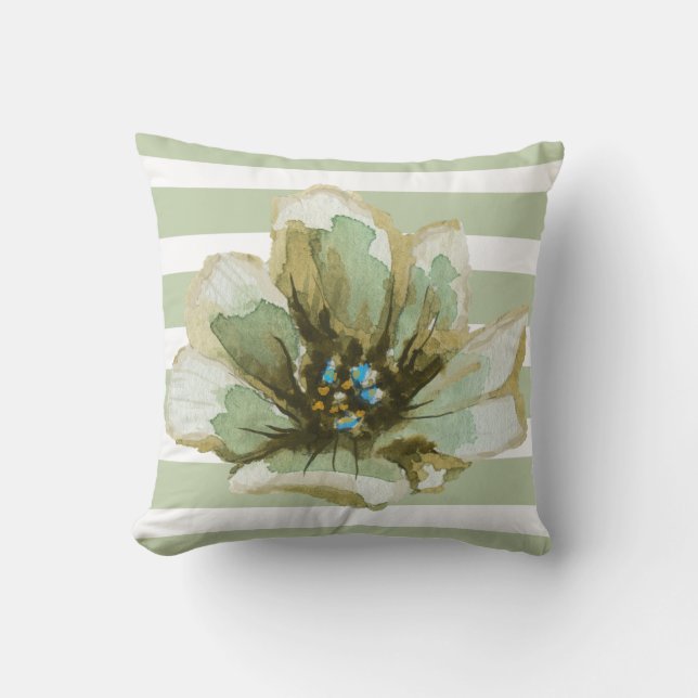 Floral Pillow, Waterverf met groene en grijze stre Kussen (Voorkant)