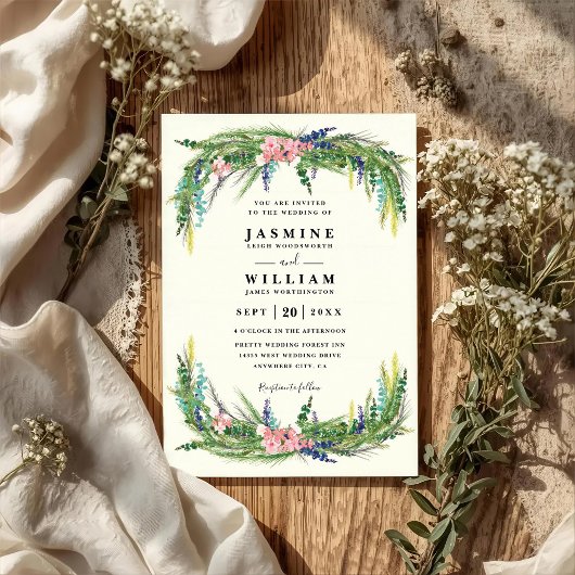 Floral Pine Rustic Country Elegant QR Code Wedding Kaart