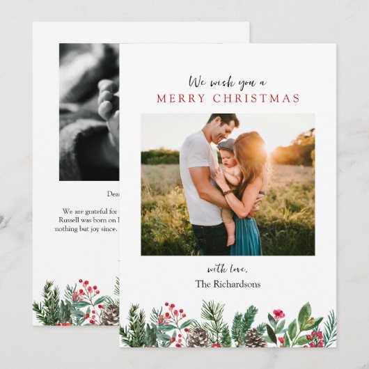 Floral Pine Twee foto Kerstmis vakantie Kaart (Voorkant / Achterkant)