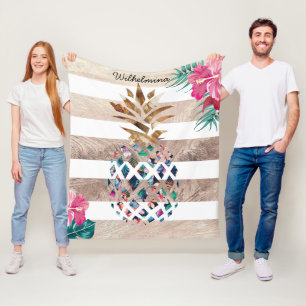 Floral Pineappelgoud gestript Fleece Deken