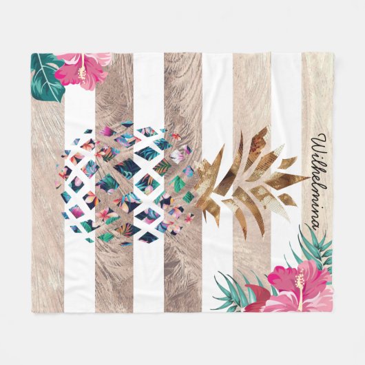 Floral Pineappelgoud gestript Fleece Deken (Voorkant (Horizontaal))