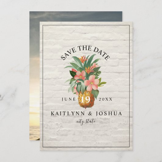 Floral Pineapple Brick Beach Photo Weddenschap Save The Date (Voorkant / Achterkant)
