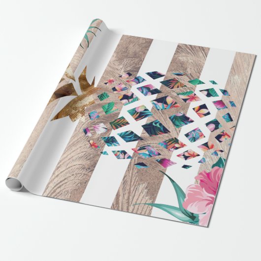 Floral Pineapple striped design Cadeaupapier (Uitgerold)