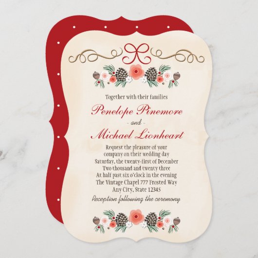 Floral Pinecone kerstbruiloft Kaart (Voorkant / Achterkant)