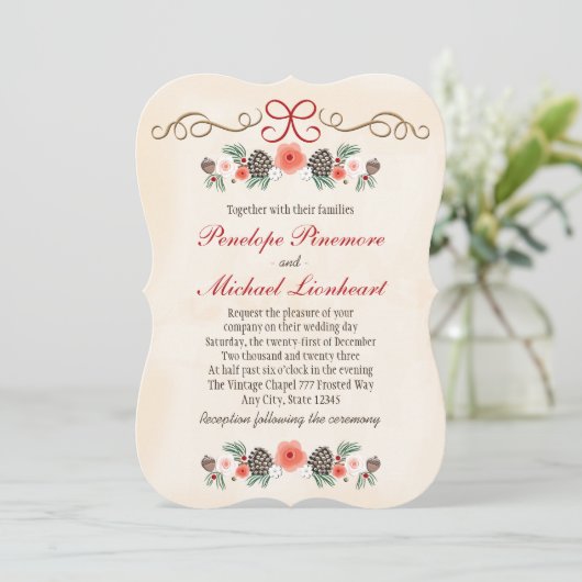  Floral Pinecone kerstbruiloft Kaart (Staand voorkant)