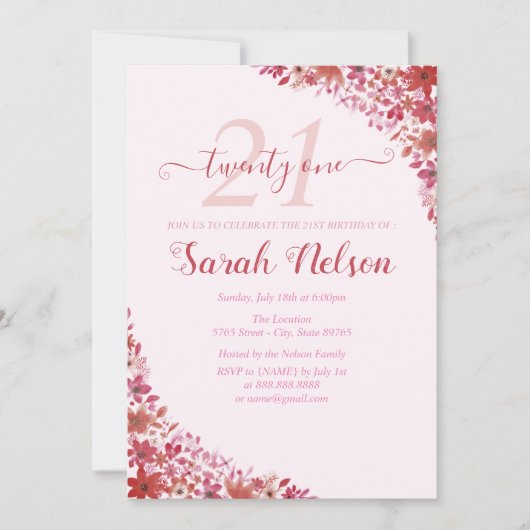 Floral Pink 21st Birthday Uitnodiging (Voorkant)