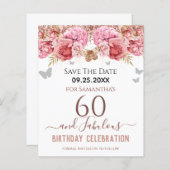Floral Pink 60th Birthday Save the Date (Voorkant / Achterkant)