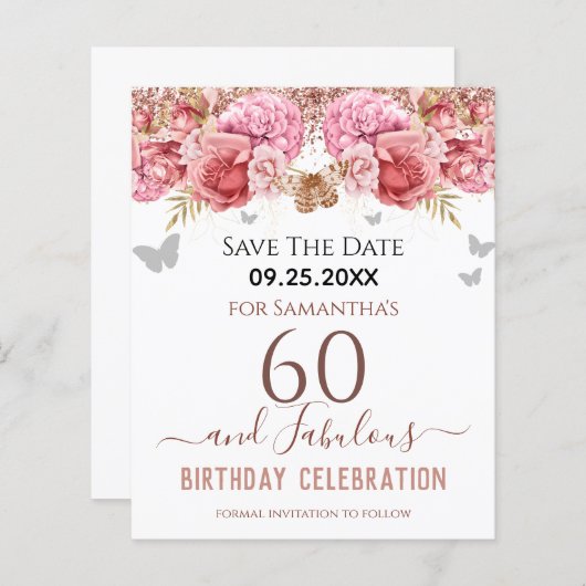 Floral Pink 60th Birthday Save the Date (Voorkant / Achterkant)