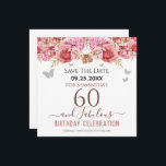 Floral Pink 60th Birthday Save the Date<br><div class="desc">Meisjes glitter,  milleniumroze achtergrond,  met fancy manuscriptnaam typografie. Happy 60 en geweldige sjabloon voor verjaardagsontwerp. Roze en vlinderbovengrens. Geweldig voor de 60ste viering. Sparen de herinnering van de datumviering.</div>