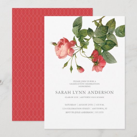  Floral Pink Afstuderen Uitnodiging (Voorkant / Achterkant)