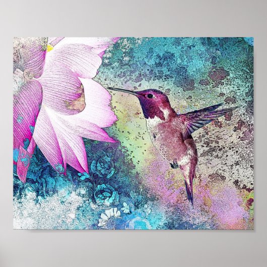 Floral Pink and Blue  Hummingbird Art Print (Voorkant)