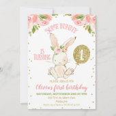 Floral Pink and Gold Bunny 1st Birthday Kaart (Voorkant)
